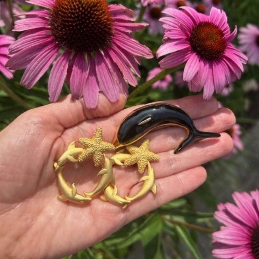 🏖️DOPHIN Enamel Brooch & DOPHIN STARFISH Brushed Gold EARRINGS